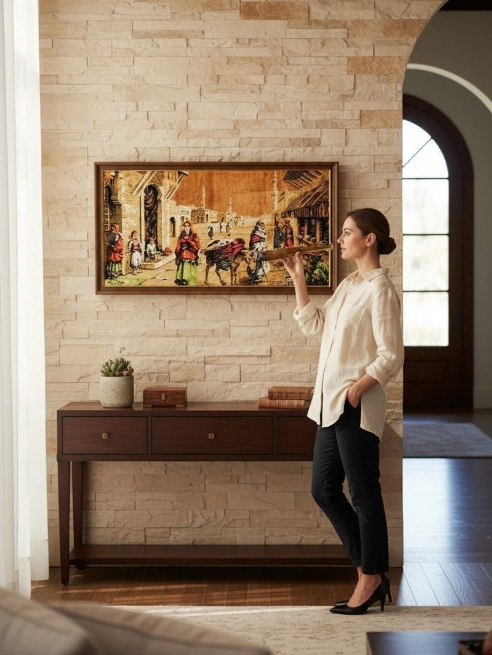 Vintage Middle Eastern Market scene framed rug